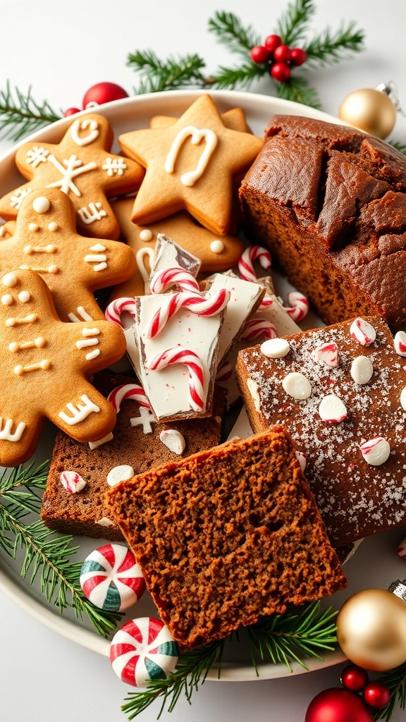 Assorted Christmas baking treats including gingerbread cookies, peppermint bark, and fruitcake on a festive platter.